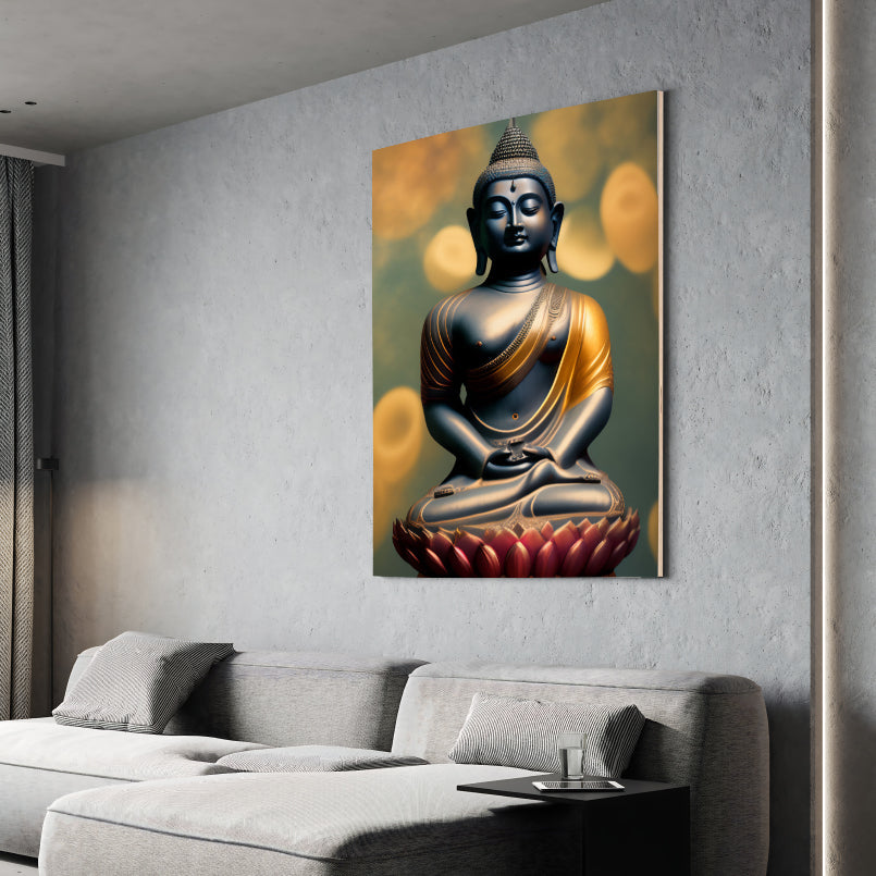 Buddha Meditating in Lotus Wood Print Wall Art