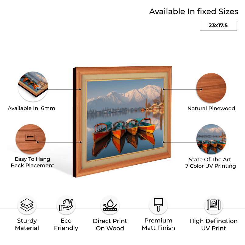 Beautiful Boats At Dal Lake Kashmir Wood Print Wall Art 23x17.5 Inches