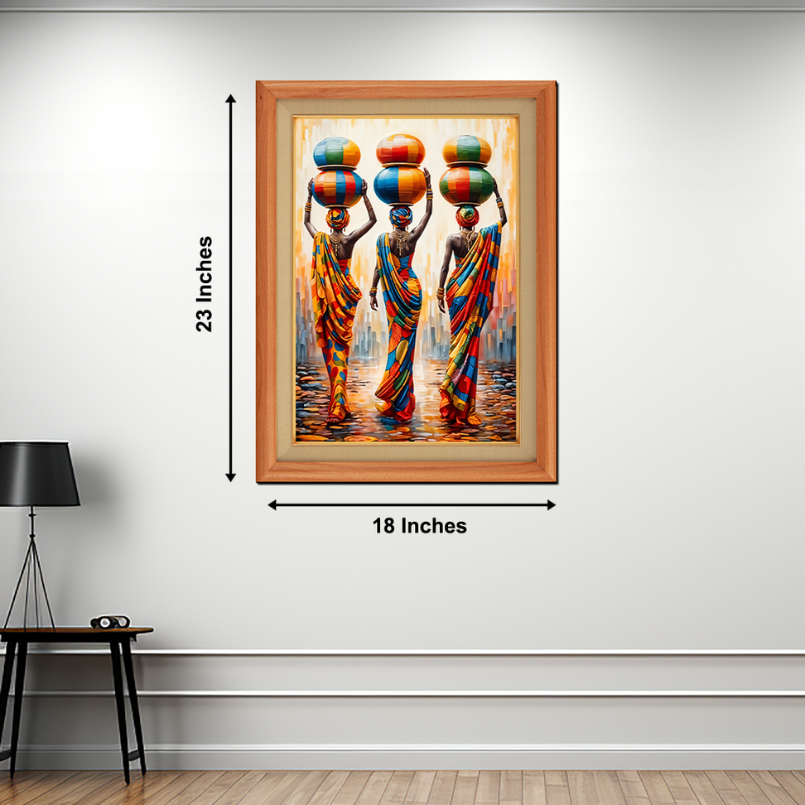 African Women Carrying Pots on Their Head Colorful Wood Print Wall Art 18x23 Inches