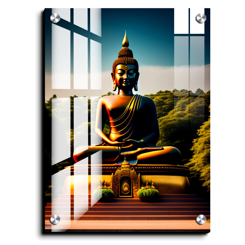 Buddha Meditating in Mountains Wood Print Wall Art