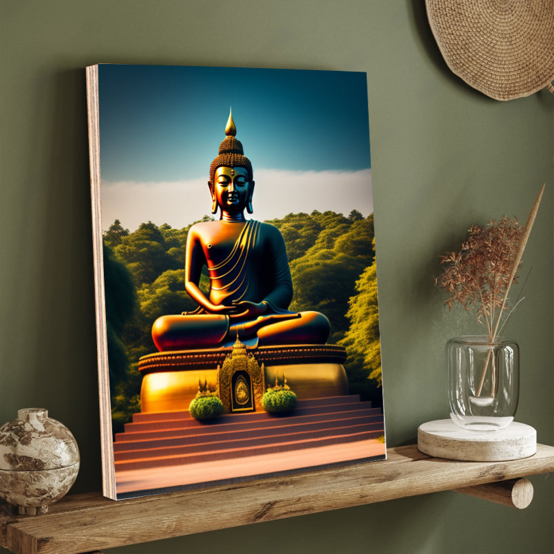 Buddha Meditating in Mountains Wood Print Wall Art