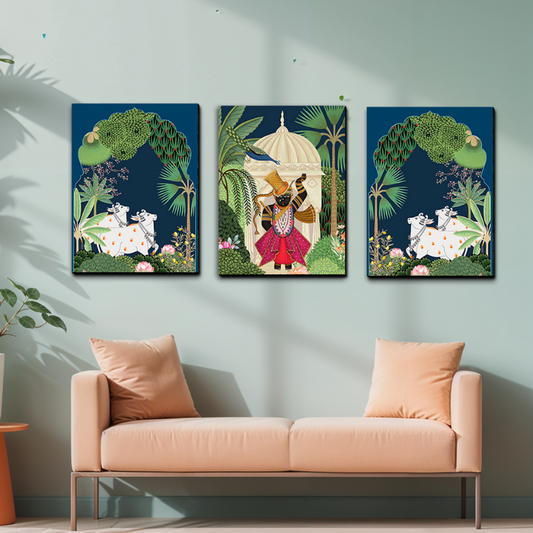 Set of 3 Shrinath Ji Pichwai Cow Wood Print Wall Art