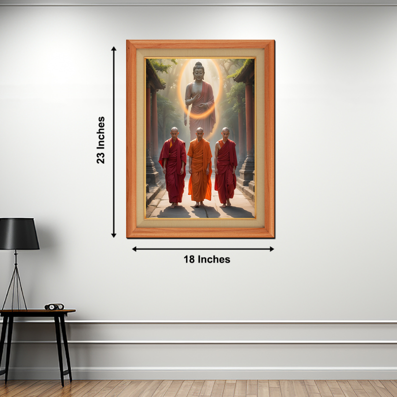 Monk With Budha On Background Wood Print Wall Art 18x23 Inches