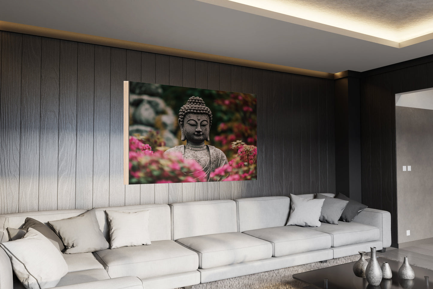 Buddha Meditating Statue in Nature Wood Print Wall Art