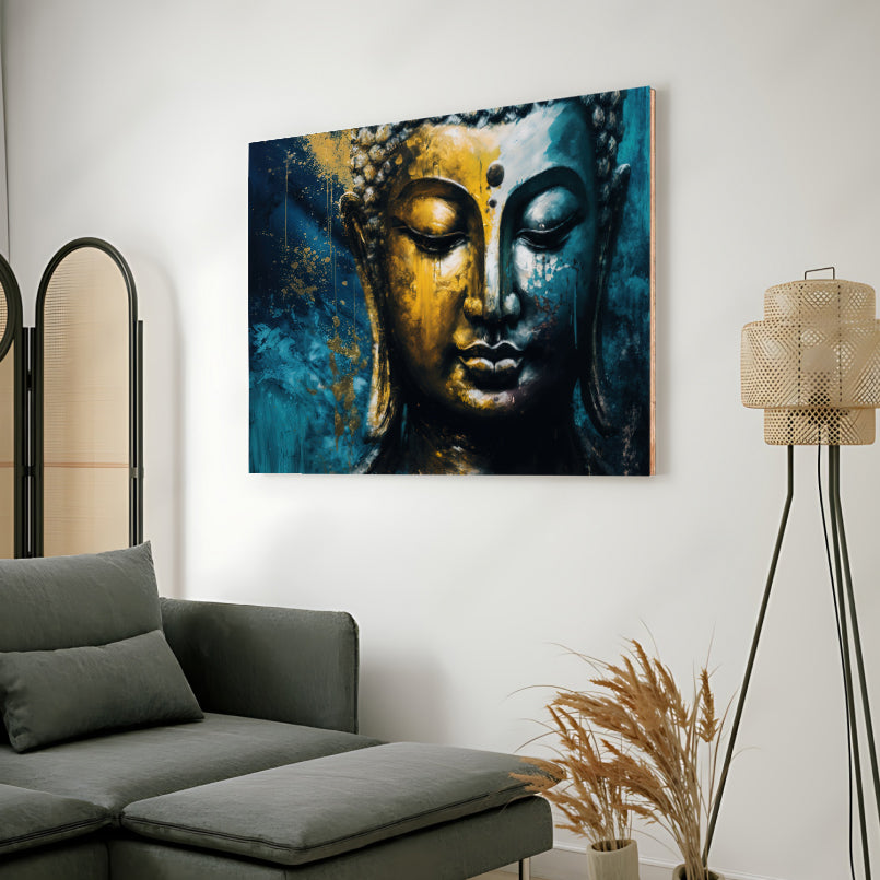 Meditating Buddha Gold & Blue Brush Paint Wood Print Wall Art