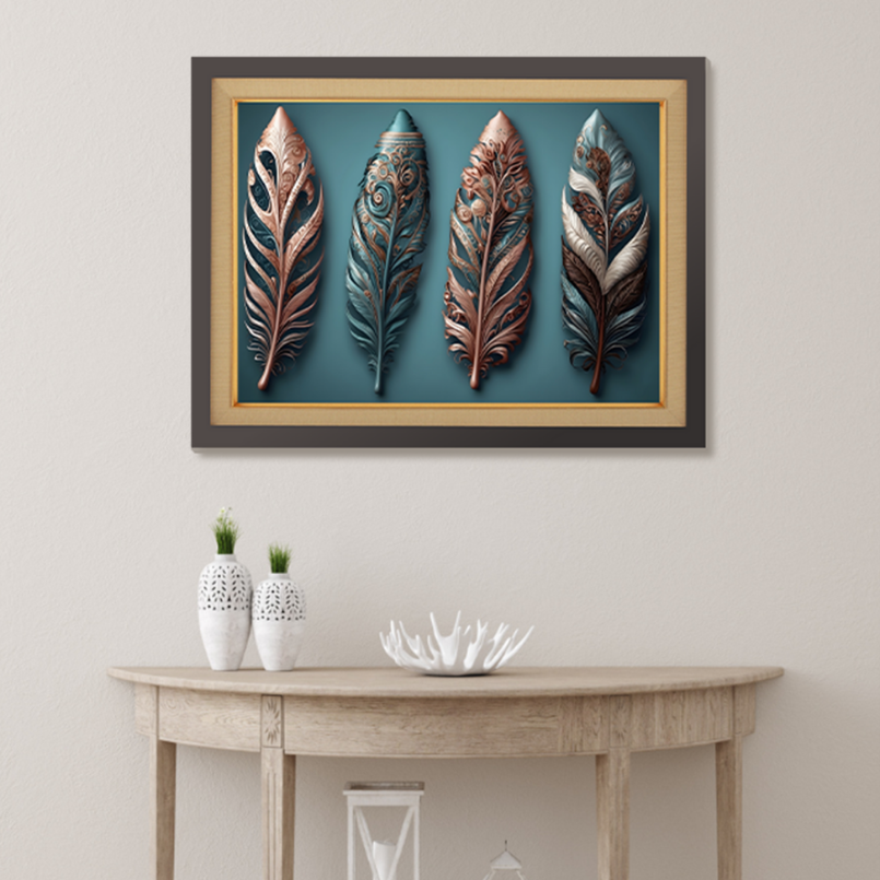 Metallic Feather Leaf Wood Print Wall Art 23x17.5 Inches