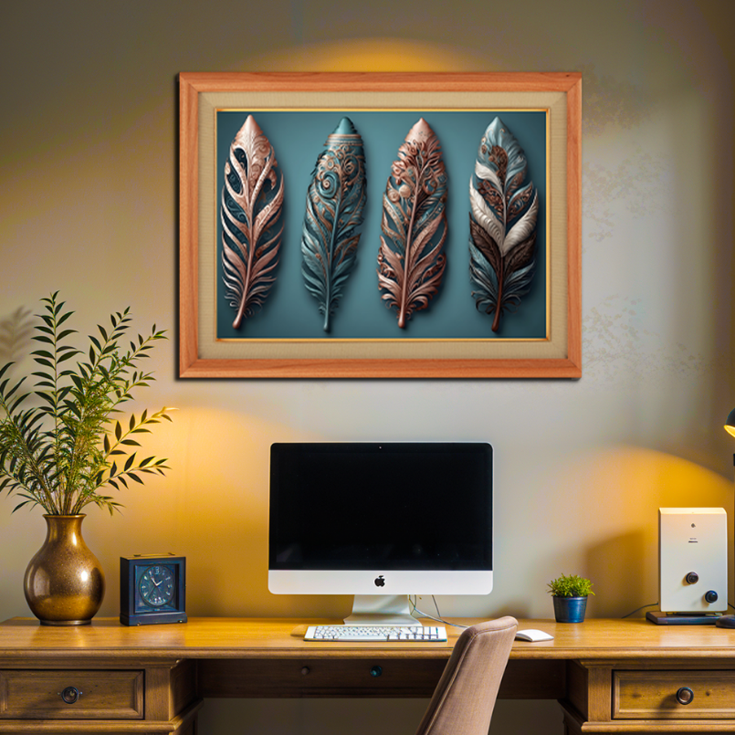 Metallic Feather Leaf Wood Print Wall Art 23x17.5 Inches