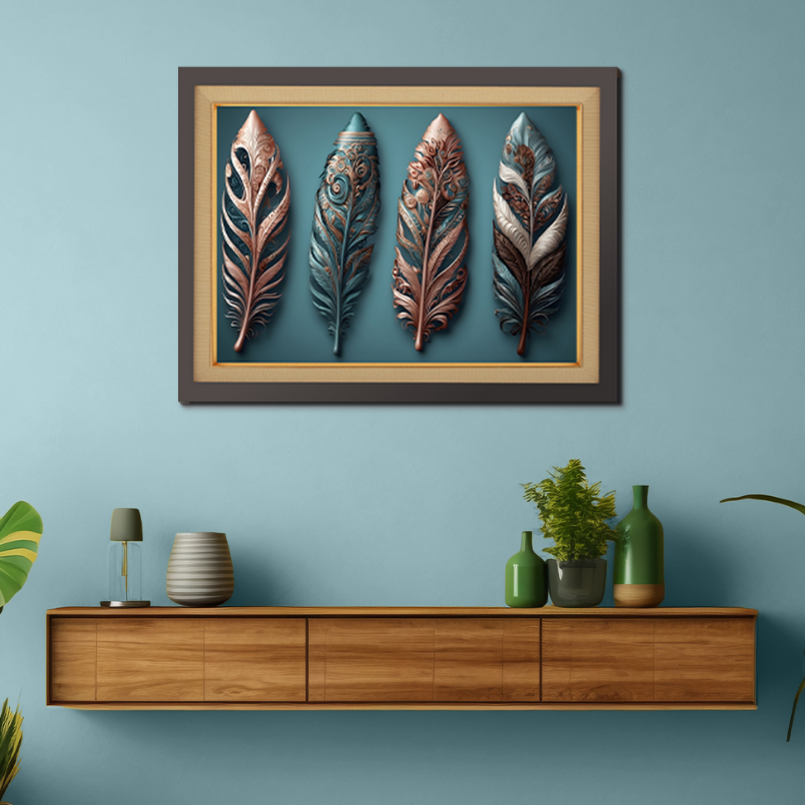 Metallic Feather Leaf Wood Print Wall Art 23x17.5 Inches