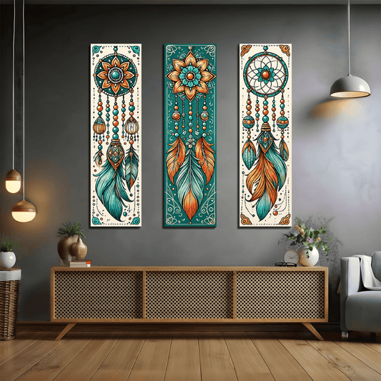 Set Of Three Dream Catcher Printable Wood Print Wall Art 12X36 Inches