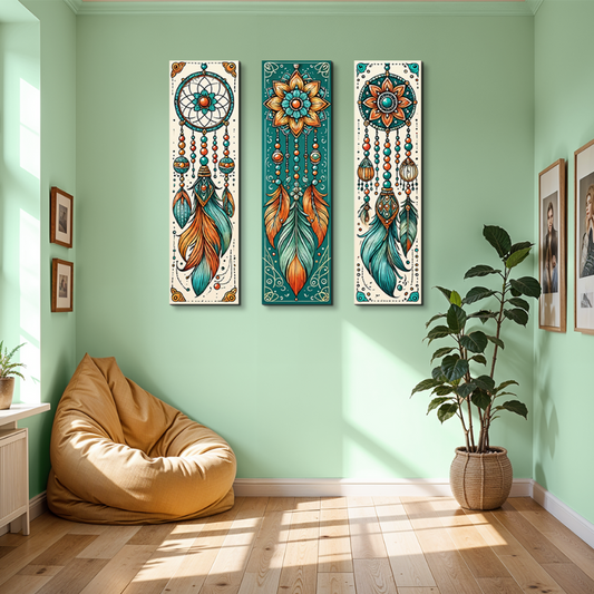 Set Of Three Dream Catcher Printable Wood Print Wall Art 12X36 Inches