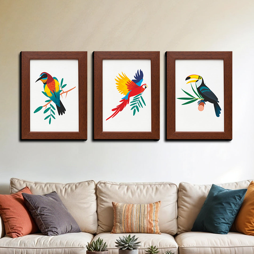 Beautiful Birds With Brown Printed Wood and Acrylic Print Wall Art Set of 3