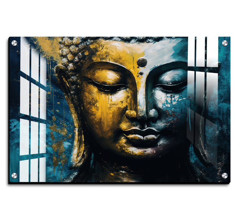 Meditating Buddha Gold & Blue Brush Paint Wood Print Wall Art