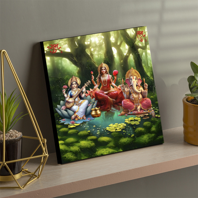 Maa Laxami With Saraswati And Ganessha Wood Print Wall Art