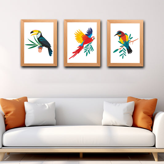 Beautiful Birds Wood and Acrylic Print Wall Art Set of 3