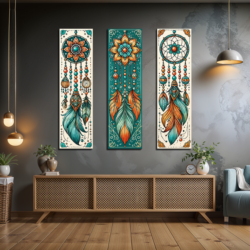 Set Of Three Dream Catcher Printable Wood Print Wall Art 12X36 Inches