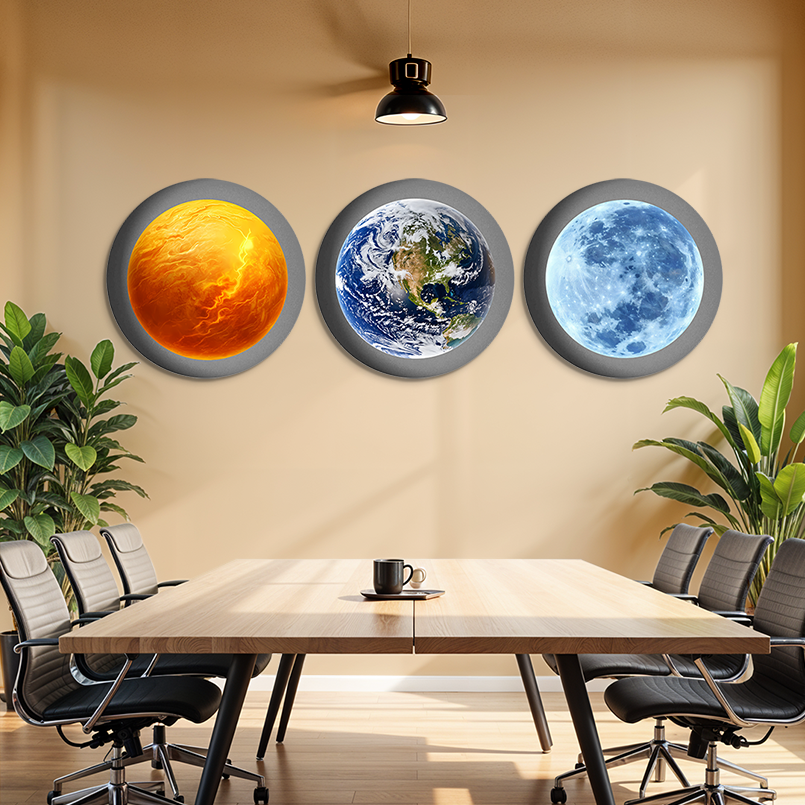 Earth Sun and Moon Round Wood Print Wall Art  15x15  Inches