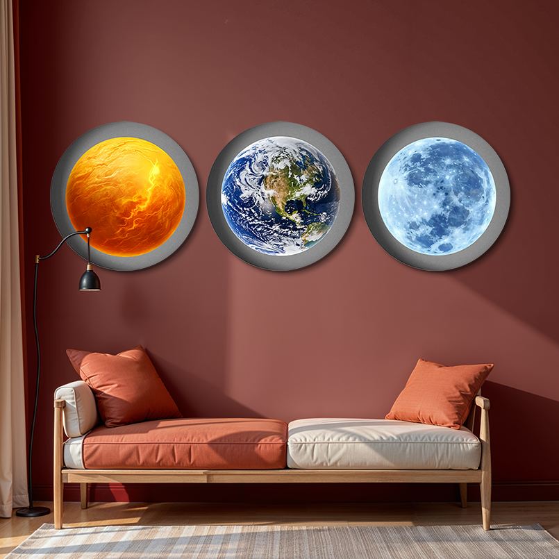 Earth Sun and Moon Round Wood Print Wall Art  15x15  Inches