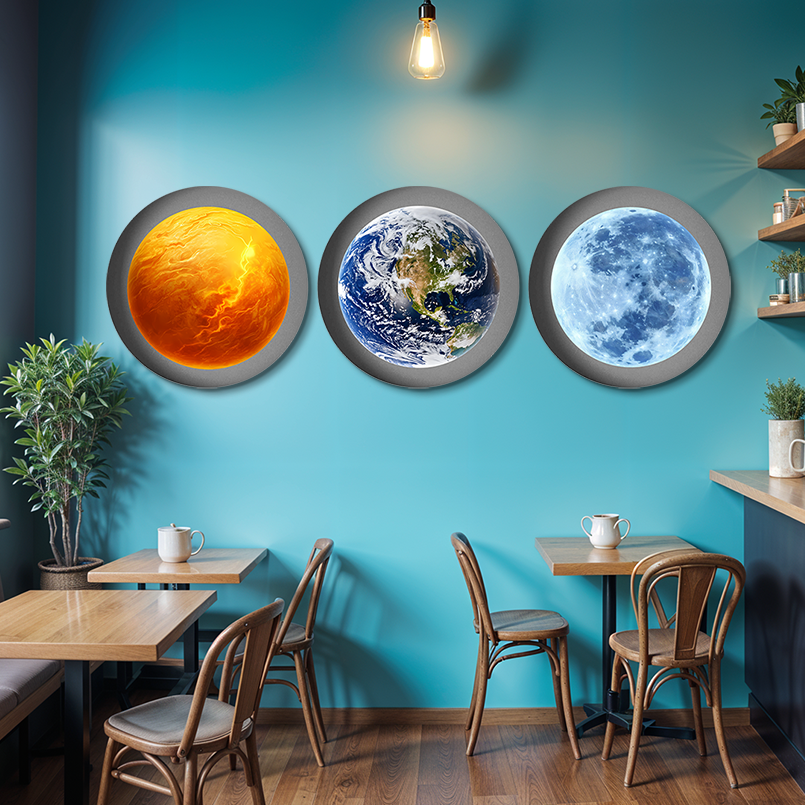 Earth Sun and Moon Round Wood Print Wall Art  15x15  Inches