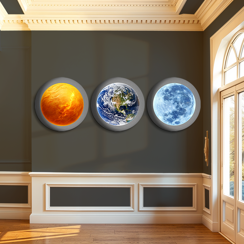 Earth Sun and Moon Round Wood Print Wall Art  15x15  Inches