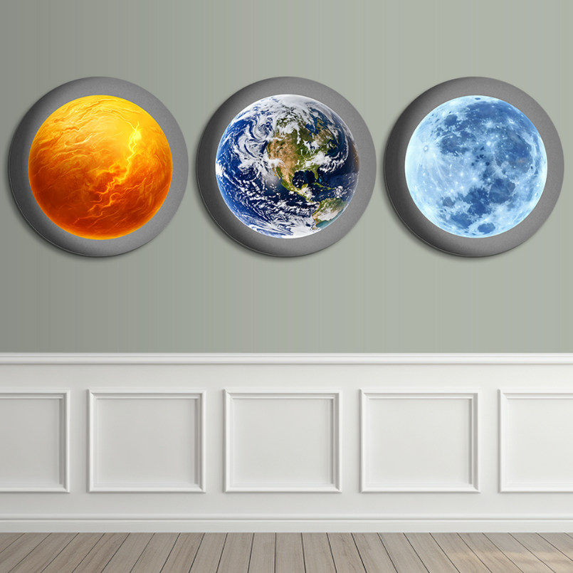 Earth Sun and Moon Round Wood Print Wall Art  15x15  Inches