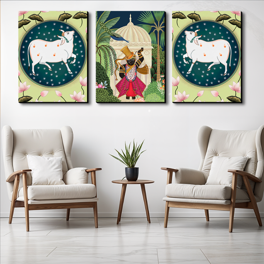 Set of 3 Shrinath Ji With Cow and Lotus Pichwai Wood Print Wall Art