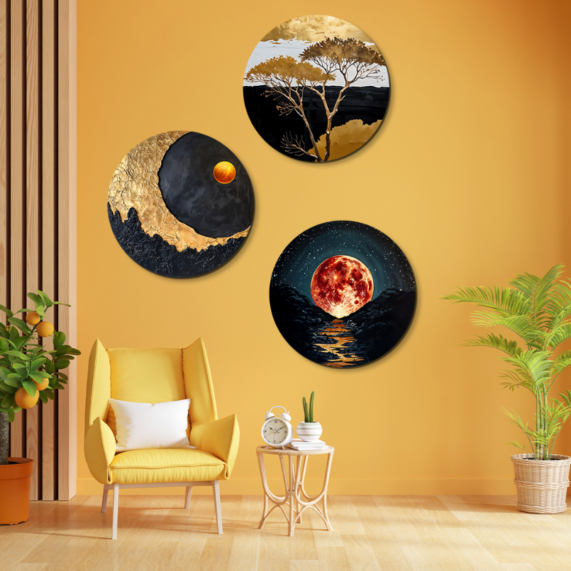 Sun Rise Set Of Three Wood Print Wall Art 15x15 Inches Each