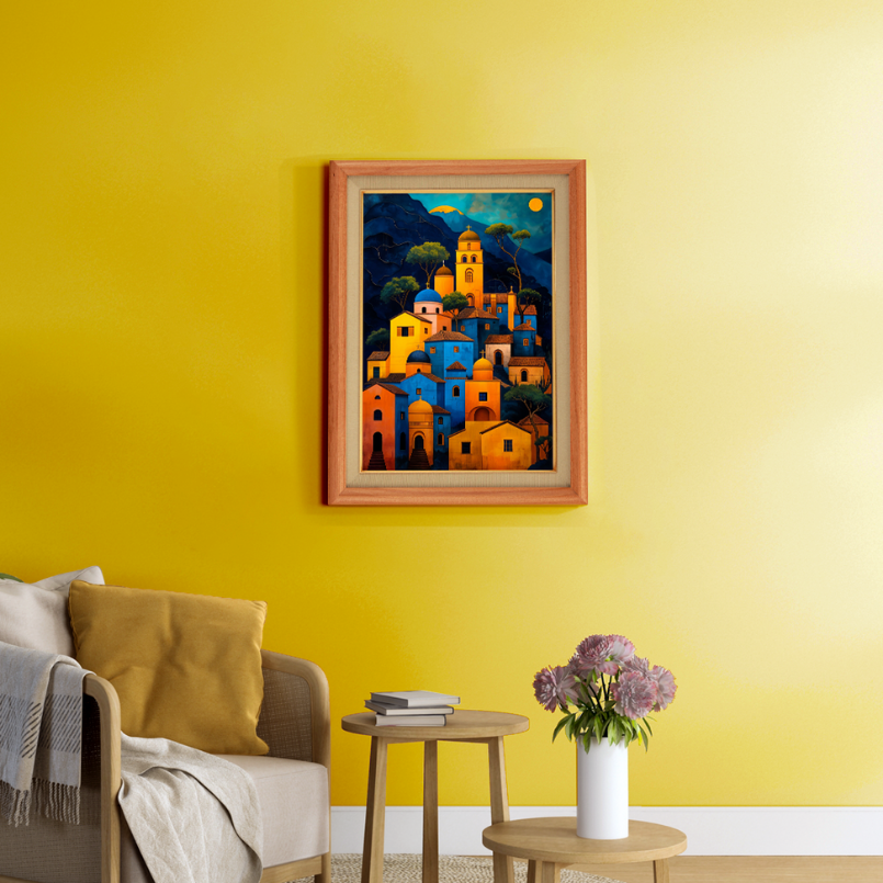 Colorful Village View Wood Print Wall Art 18x23 Inches