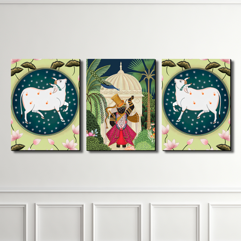 Set of 3 Shrinath Ji With Cow and Lotus Pichwai Wood Print Wall Art