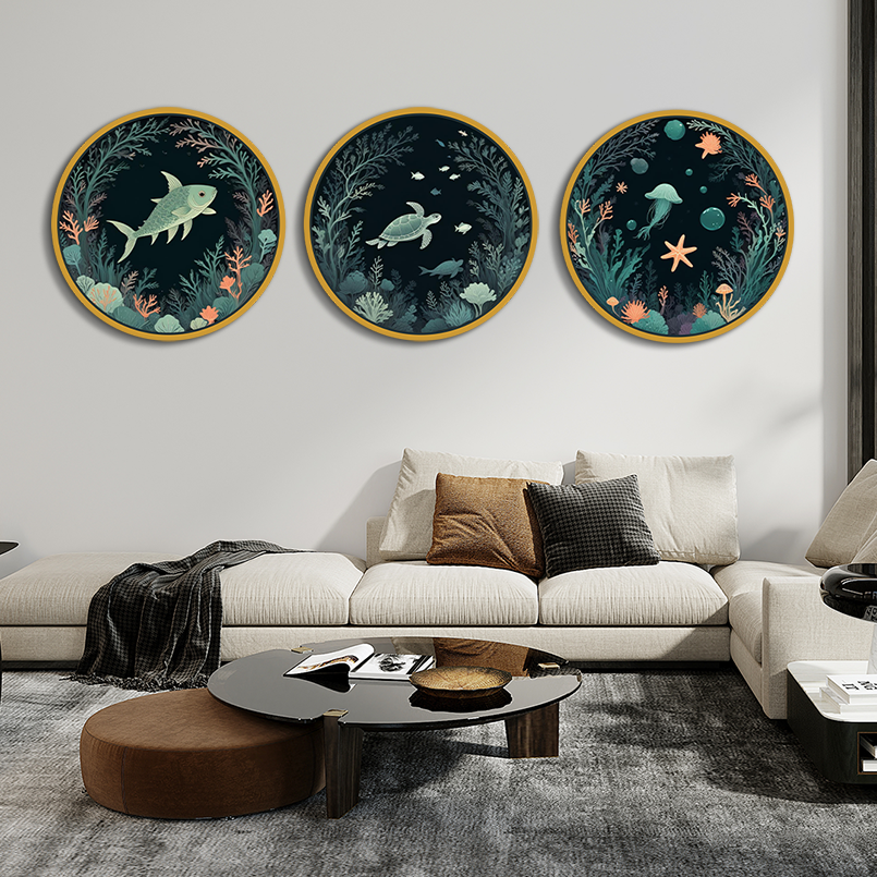 Aquarium Set Of 3 Circular Wood Print Wall Art 15x15 Inches Each