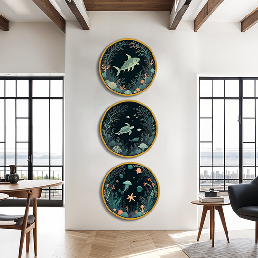 Aquarium Set Of 3 Circular Wood Print Wall Art 15x15 Inches Each