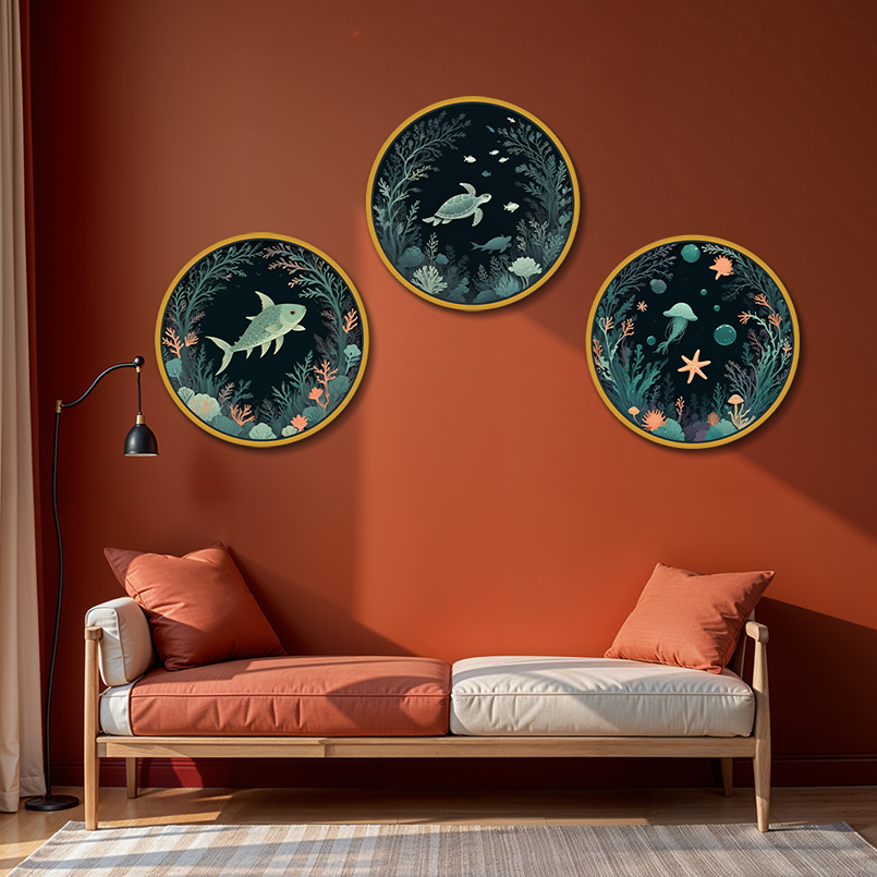 Aquarium Set Of 3 Circular Wood Print Wall Art 15x15 Inches Each