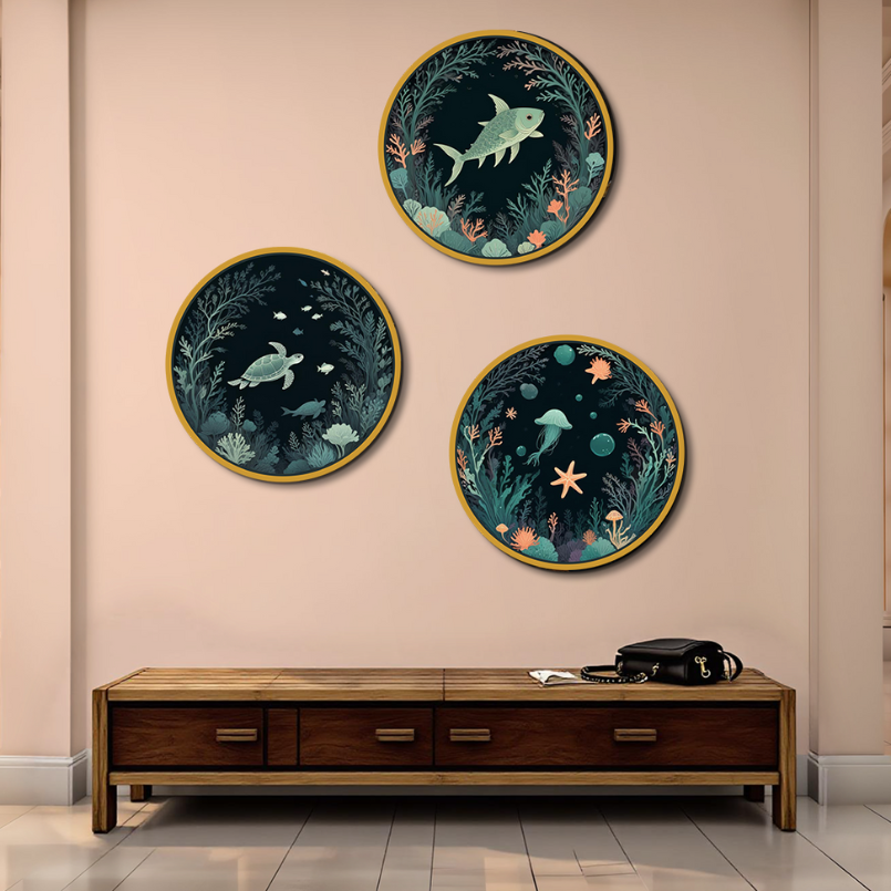 Aquarium Set Of 3 Circular Wood Print Wall Art 15x15 Inches Each