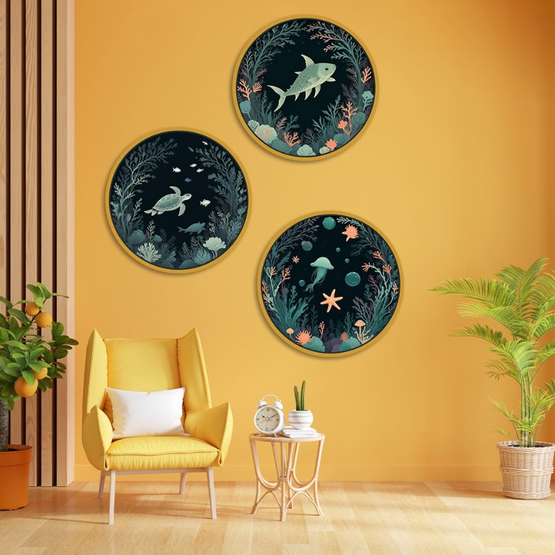 Aquarium Set Of 3 Circular Wood Print Wall Art 15x15 Inches Each