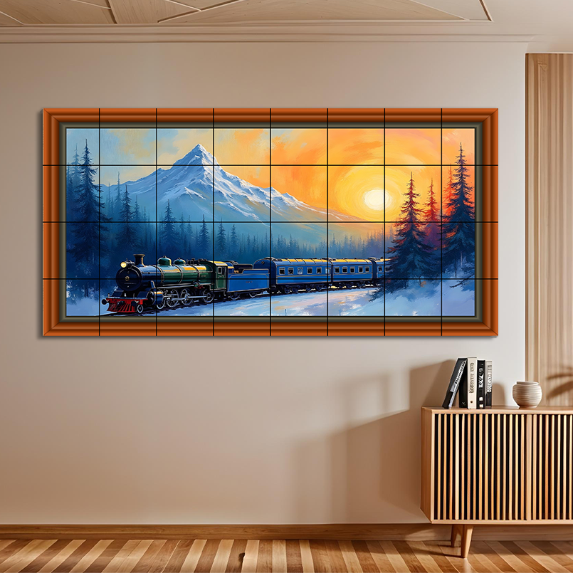 Vintage Train In The Snowy Hill Forest Wood Print Wooden Luxury Wall Tiles Set