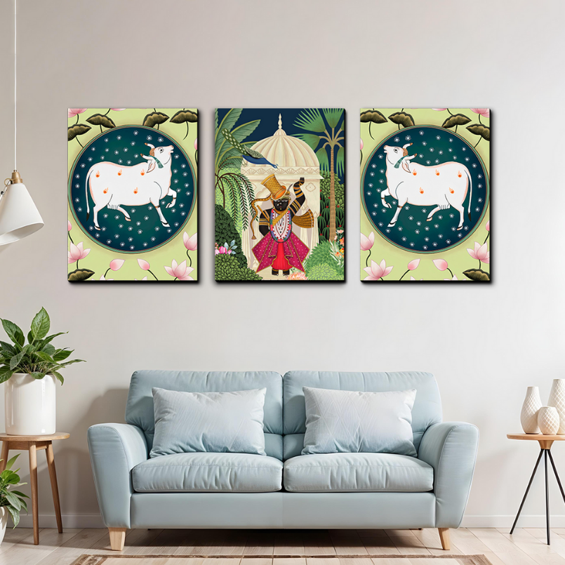 Set of 3 Shrinath Ji With Cow and Lotus Pichwai Wood Print Wall Art