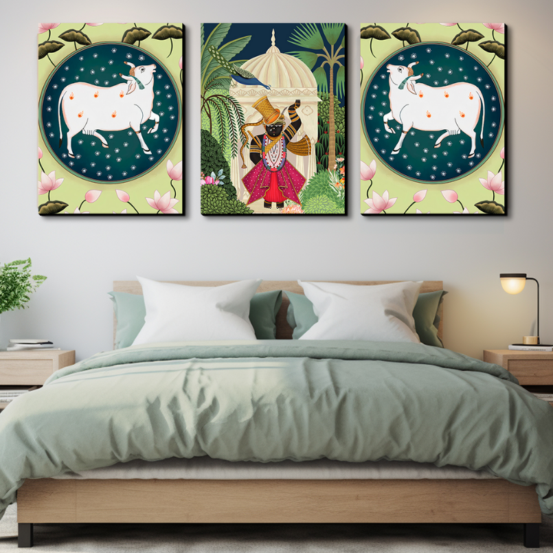 Set of 3 Shrinath Ji With Cow and Lotus Pichwai Wood Print Wall Art