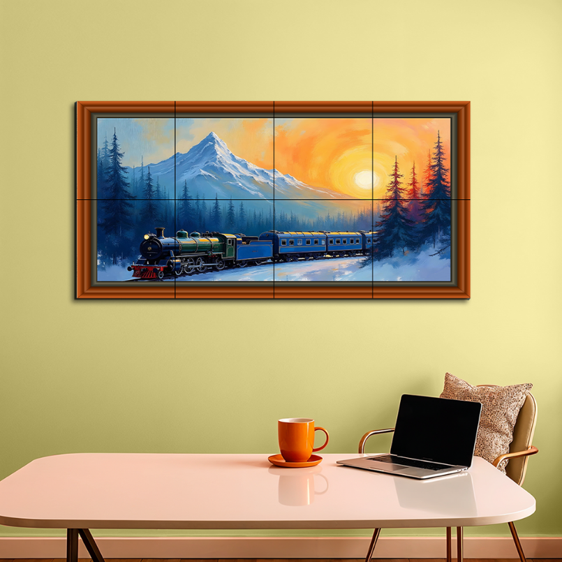 Vintage Train In The Snowy Hill Forest Wood Print Wooden Luxury Wall Tiles Set