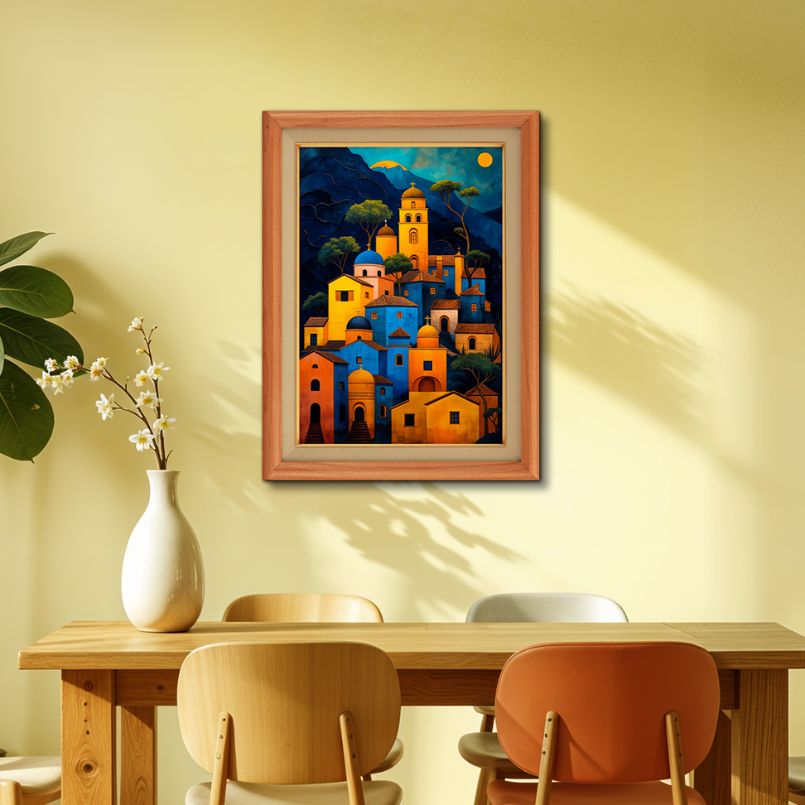 Colorful Village View Wood Print Wall Art 18x23 Inches