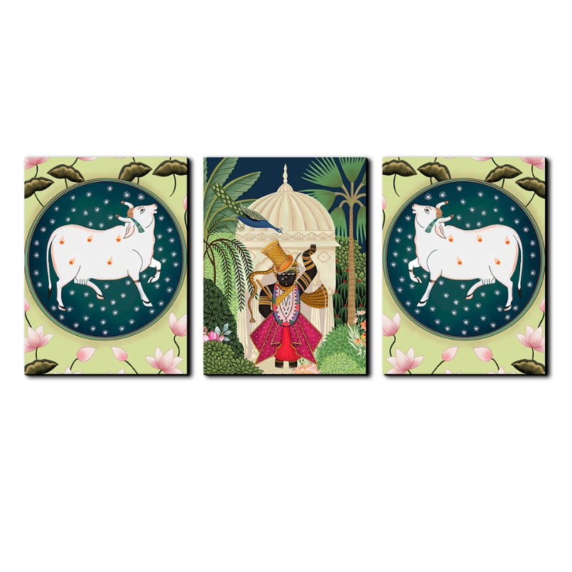 Set of 3 Shrinath Ji With Cow and Lotus Pichwai Wood Print Wall Art