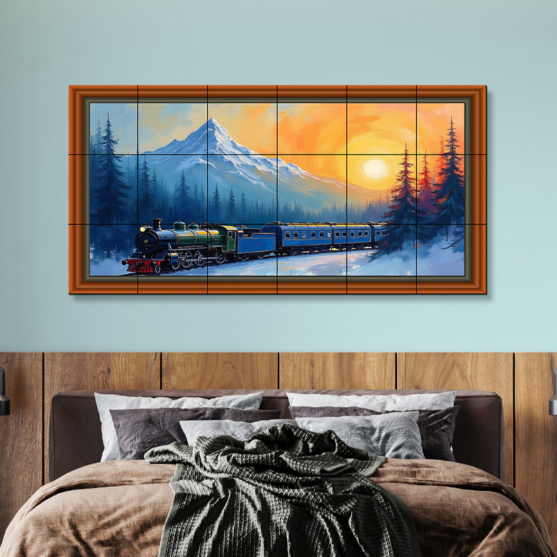 Vintage Train In The Snowy Hill Forest Wood Print Wooden Luxury Wall Tiles Set