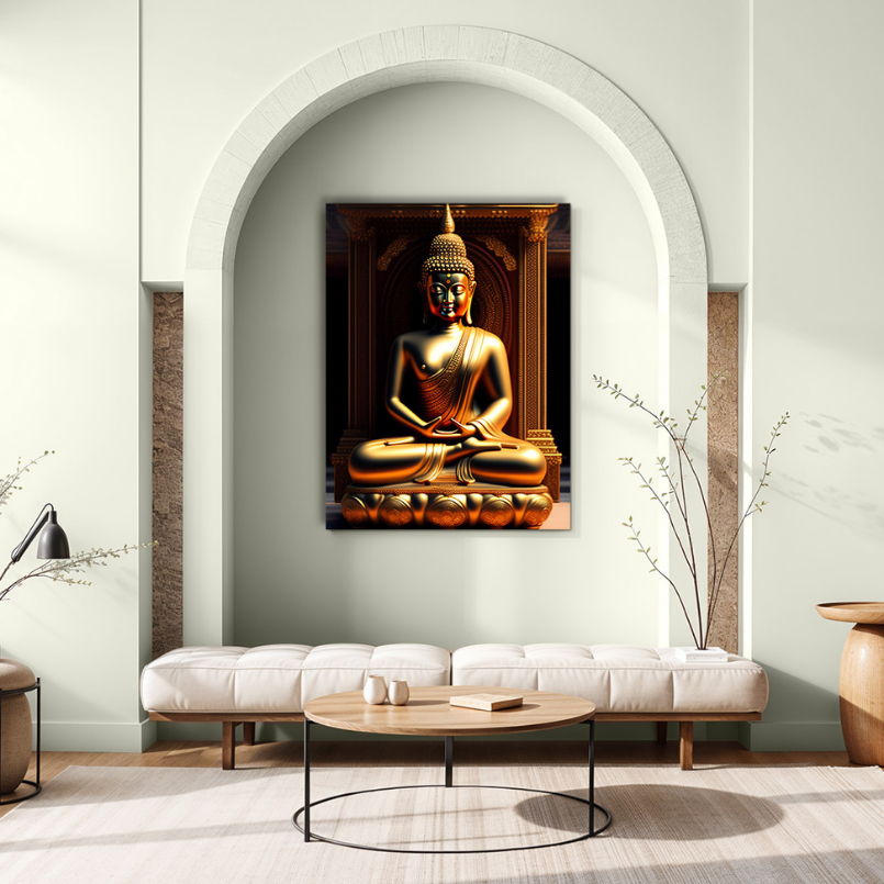 Meditating Buddha Idol Wood Print Wall Art Black & Gold