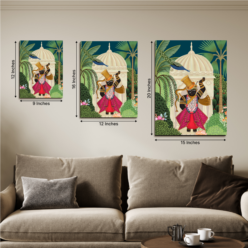 Set of 3 Shrinath Ji With Cow and Lotus Pichwai Wood Print Wall Art