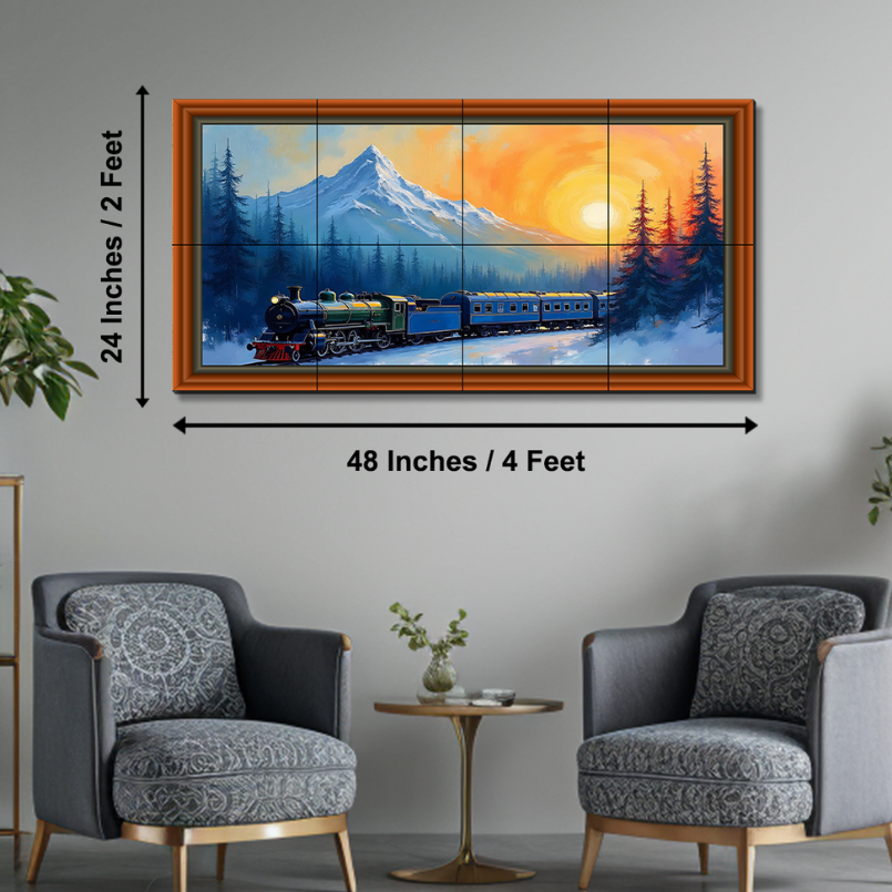 Vintage Train In The Snowy Hill Forest Wood Print Wooden Luxury Wall Tiles Set