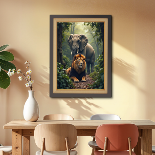 Elephant And Lion Wood Print Wall Art 18x23 Inches