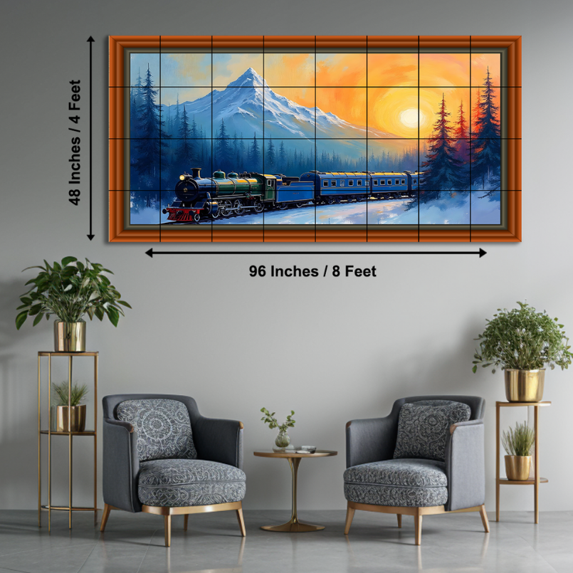 Vintage Train In The Snowy Hill Forest Wood Print Wooden Luxury Wall Tiles Set