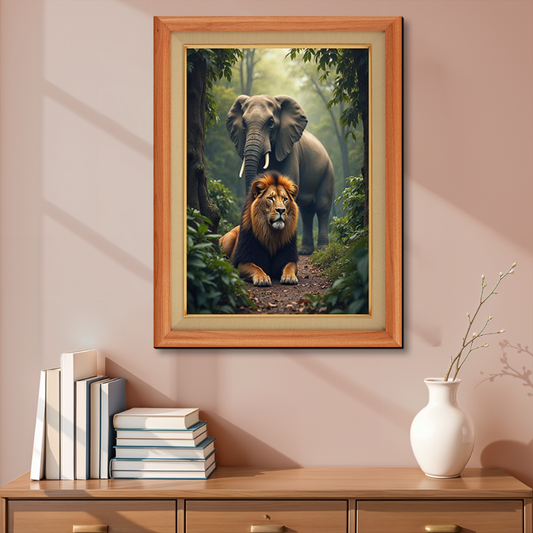 Elephant And Lion Wood Print Wall Art 18x23 Inches