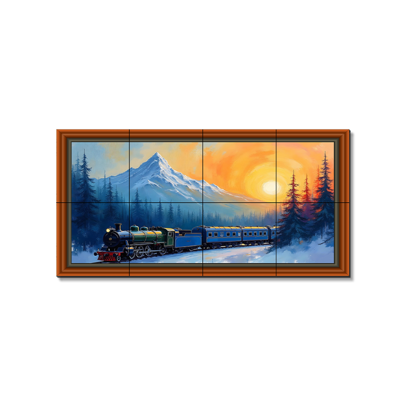 Vintage Train In The Snowy Hill Forest Wood Print Wooden Luxury Wall Tiles Set