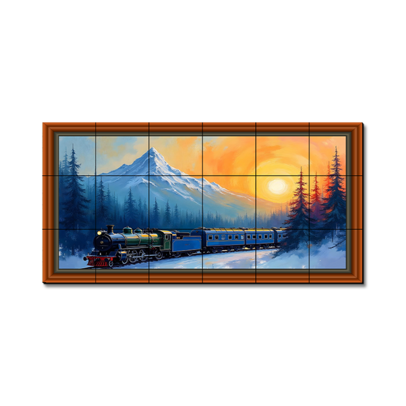 Vintage Train In The Snowy Hill Forest Wood Print Wooden Luxury Wall Tiles Set