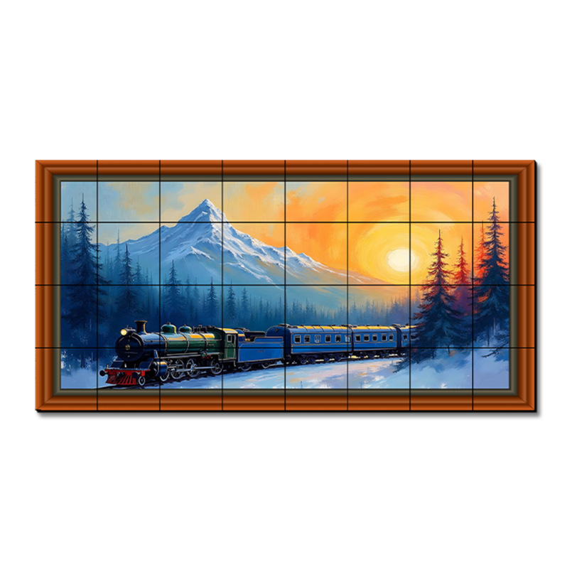 Vintage Train In The Snowy Hill Forest Wood Print Wooden Luxury Wall Tiles Set