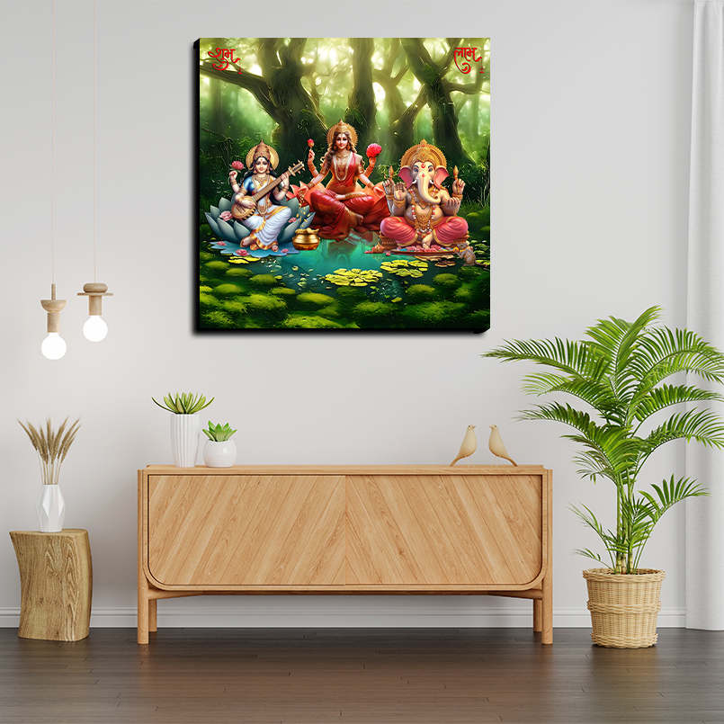 Maa Laxami With Saraswati And Ganessha Wood Print Wall Art